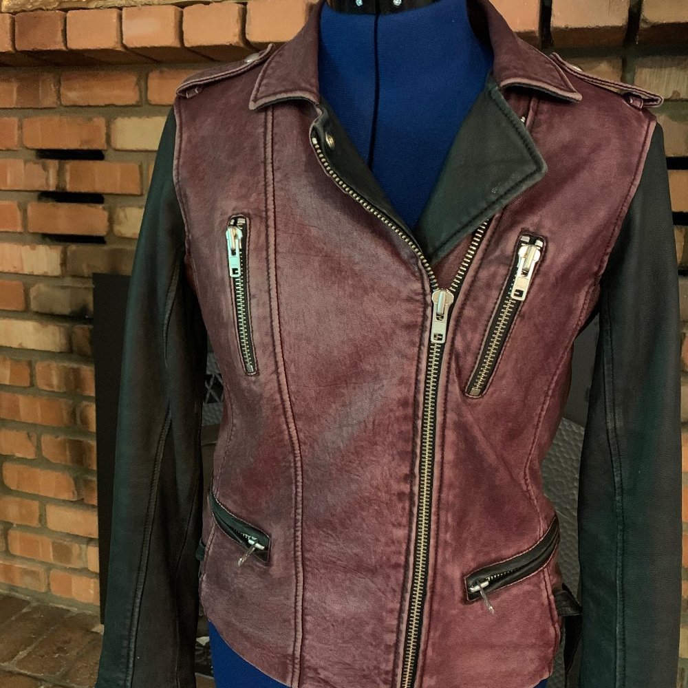 Iro Paris Distressed Burgundy/Black Leather Moto Jacket